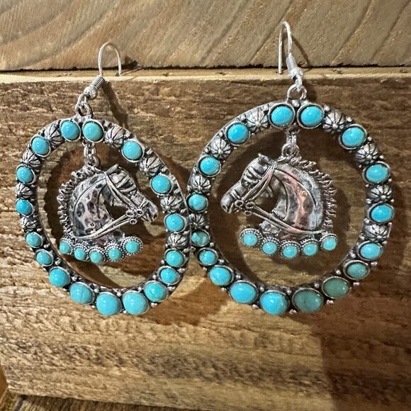 Boho Vibrant Turquoise Horse Estuarian Charm Statement Earrings , Gift Box - Picture 3 of 11